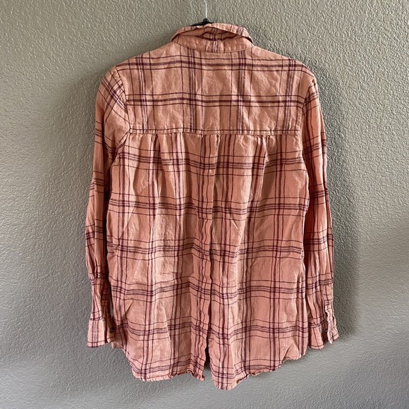 Free People 100% Linen No Limits Peach Plaid Button Down Shirt oversized Small - Picture 5 of 12